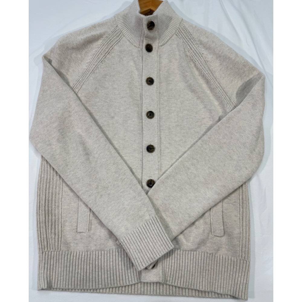 Banana Republic Mens Organic Cotton Mock Neck Button Front Cardigan Oatmeal M